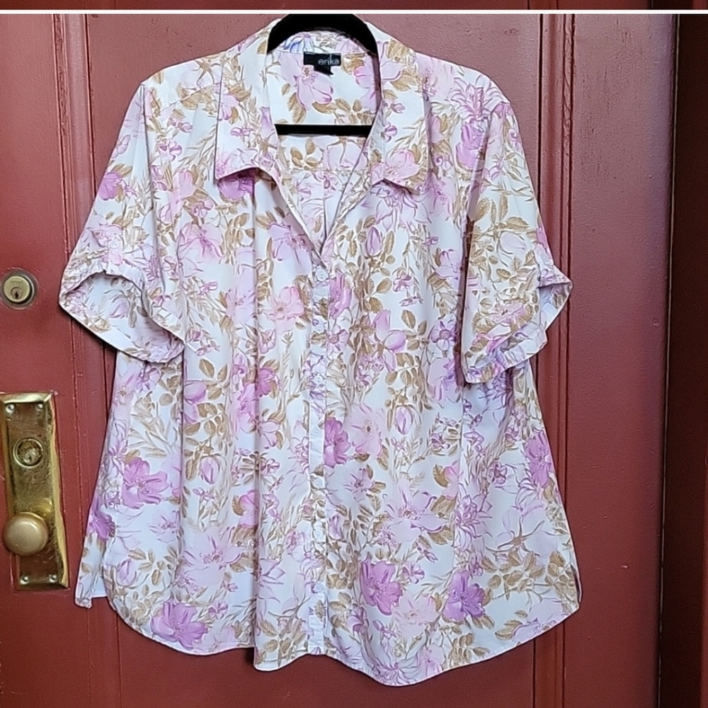 Erika V-Neck Women's Pink and Gold Floral Shortsleeve Blouse SZ 3X